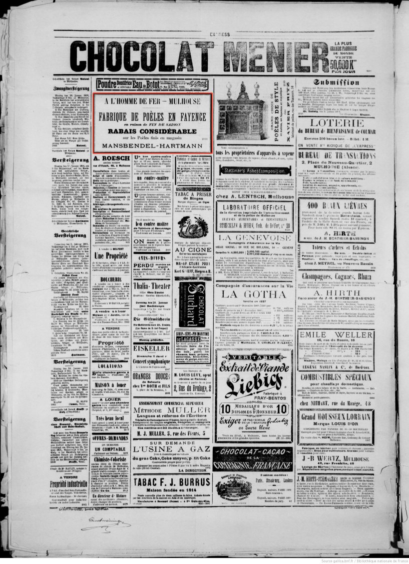 Journal L'Express de Mulhouse du 10 janvier 1891 (p.4) : rabais sur les poèles en faïence.